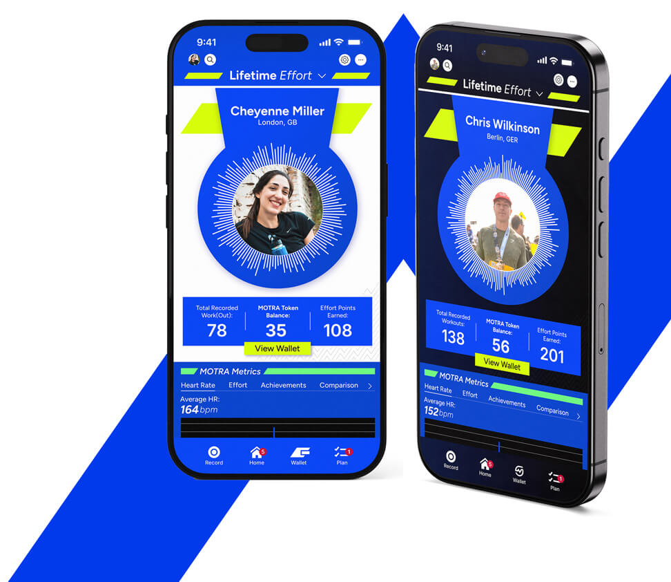 Two MOTRA app screens showing profile and rewards views