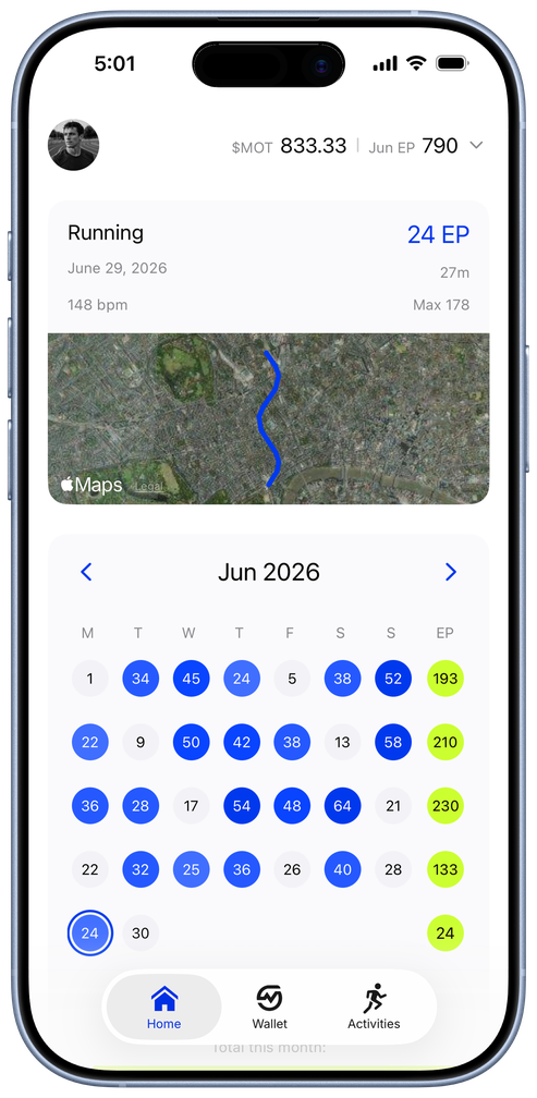 MOTRA home screen with recent activity and effort calendar
