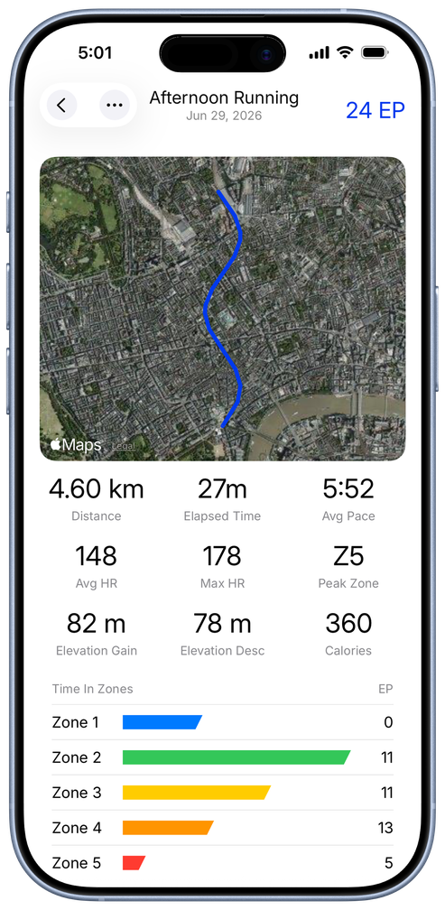MOTRA workout detail screen with route, stats, and heart-rate zones