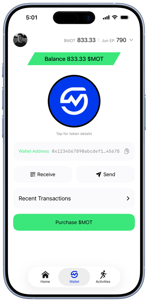 MOTRA wallet screen showing balance and rewards
